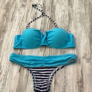 Bikini cheeky blue turquoise white size XL 12-14 NWOT padded top strips.…